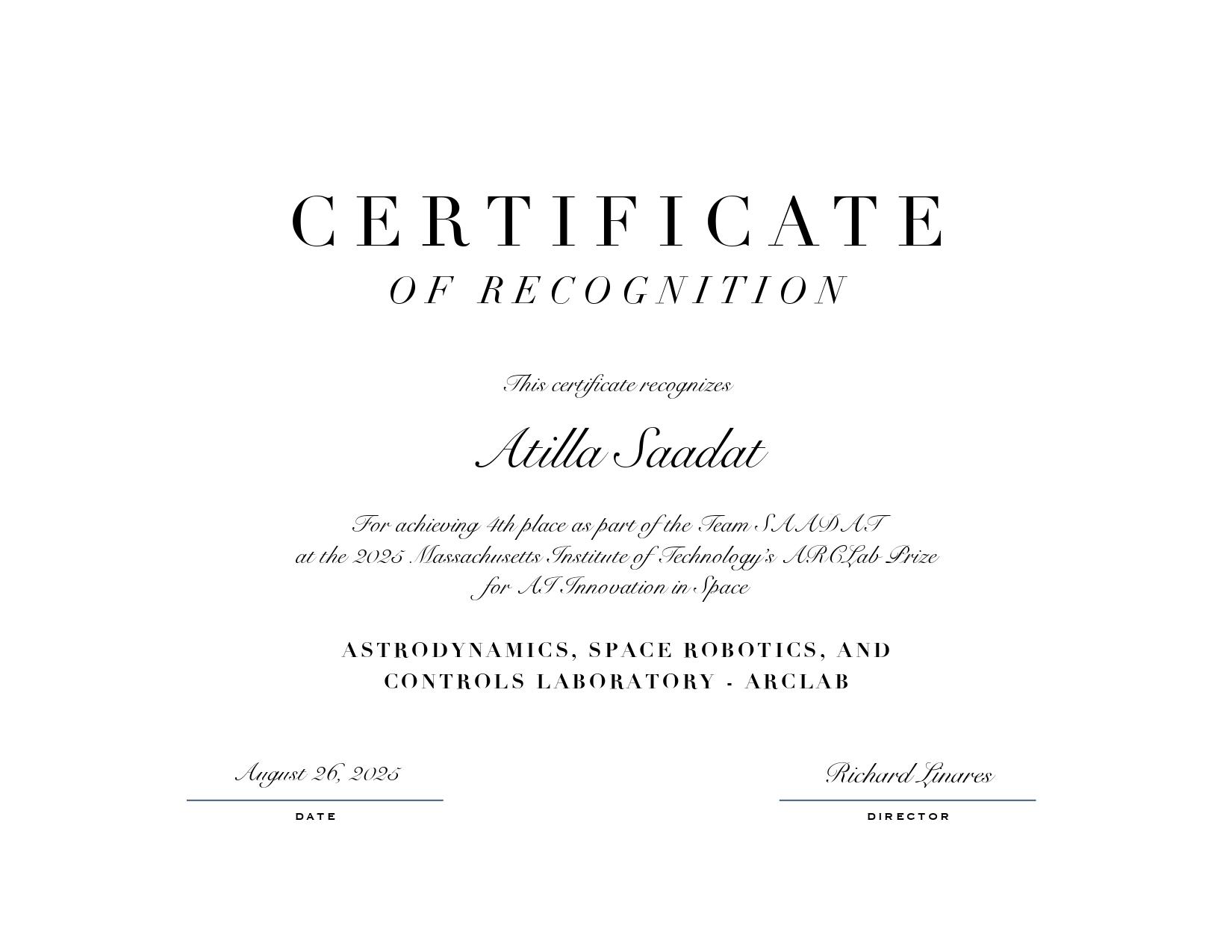 Certificate of Recognition received from MIT ARCLab